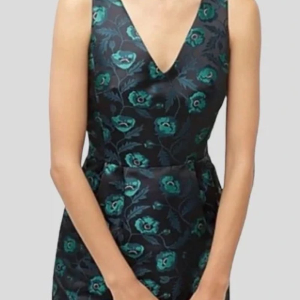 NWT J. Crew Jacquard V-Neck Cocktail Dress Floral Satiny Black Green Size 6